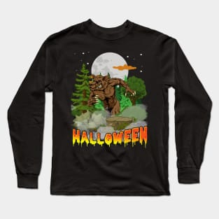 Retro Style Werewolf Halloween Shirt Full Moon Forest Howling Long Sleeve T-Shirt